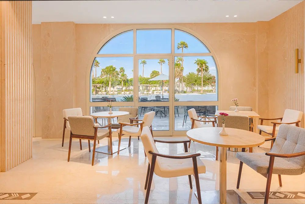 Hotel lobby overlooking the gardens